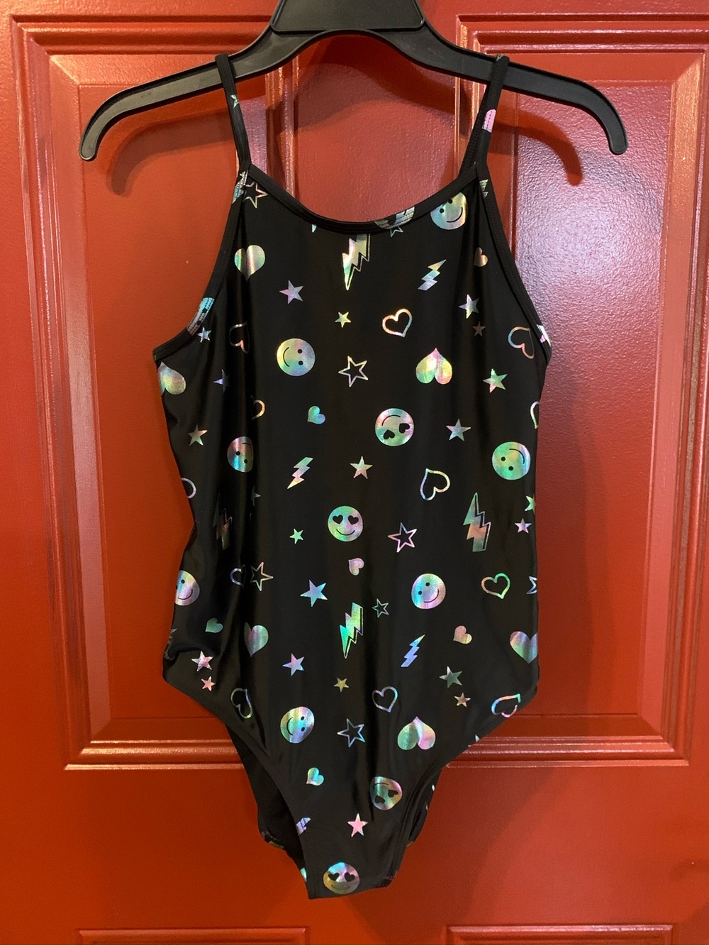 Girls Black One-Piece with Holographic Emoji Print